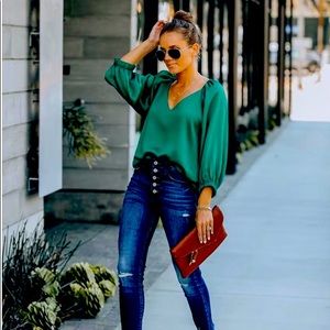 VICI green textured satin blouse v-neck NWT